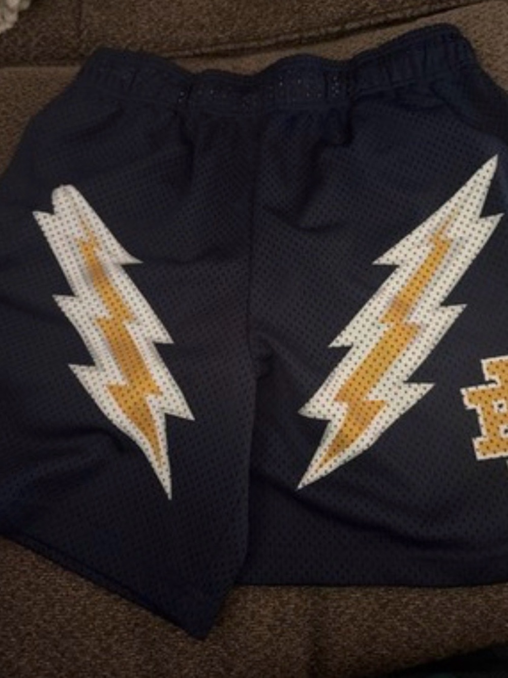Eric Emanuel Navy Athletic Mesh Shorts with Gold & White Lightning